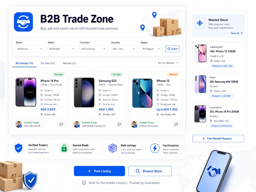 B2B Trade Zone dashboard showing device listings, wanted stock and verified traders