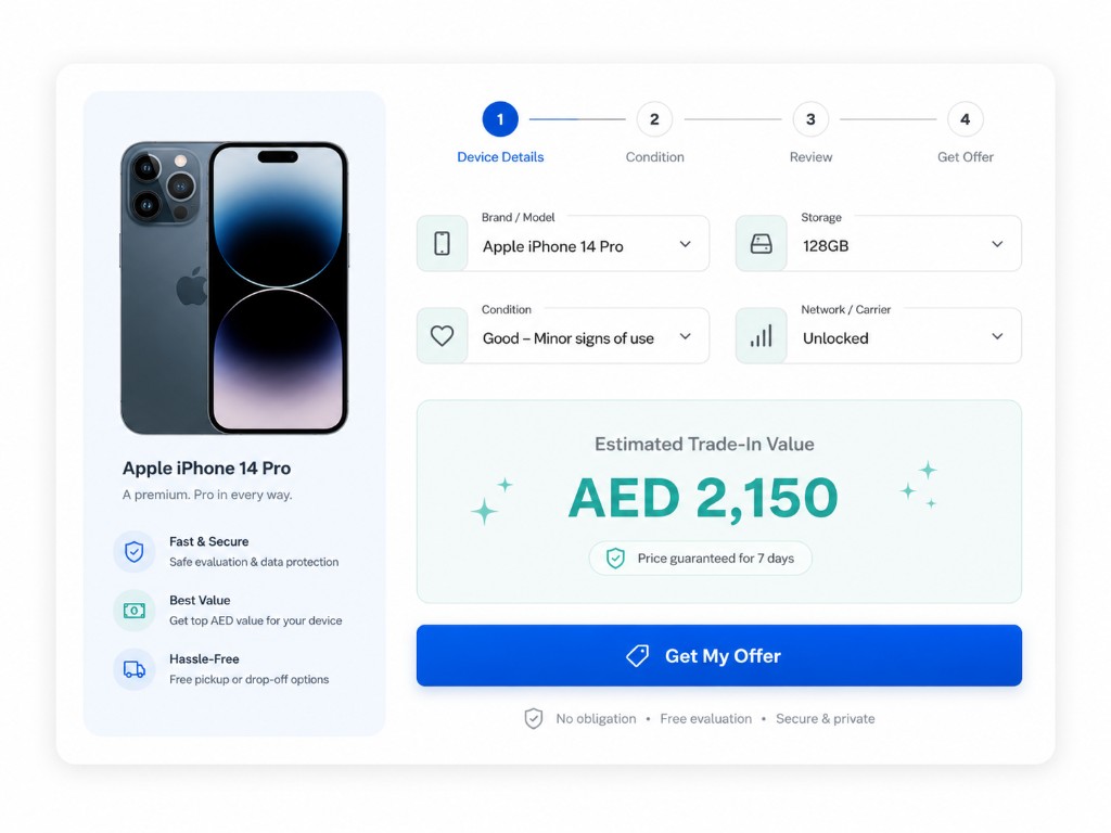 Buyback widget showing device trade-in flow with estimated AED value
