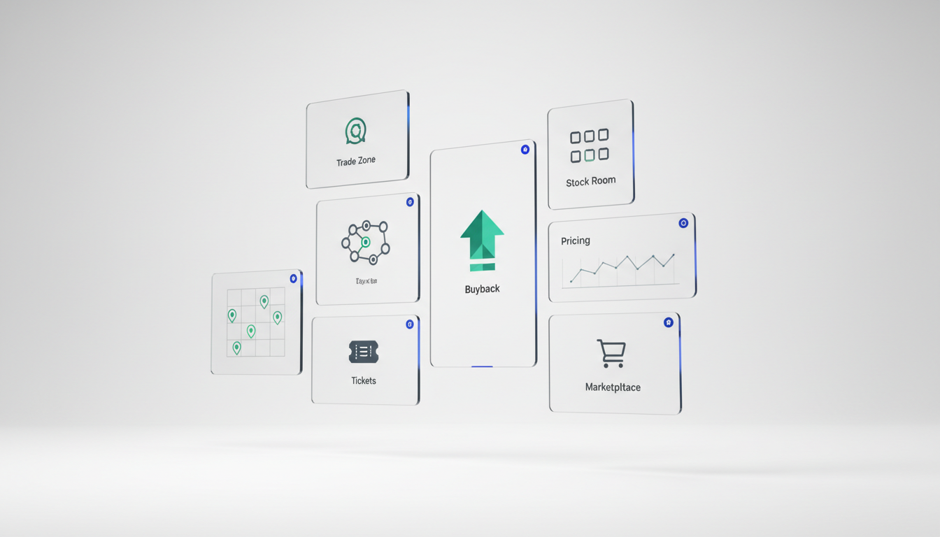 DrFones platform dashboard showing buyback, tickets, stock, pricing, trade zone, directory and marketplace modules